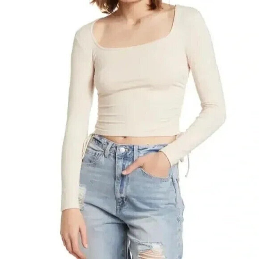 Elodie BNWOT womens beige long sleeve top sz XLarge side ruched tie up